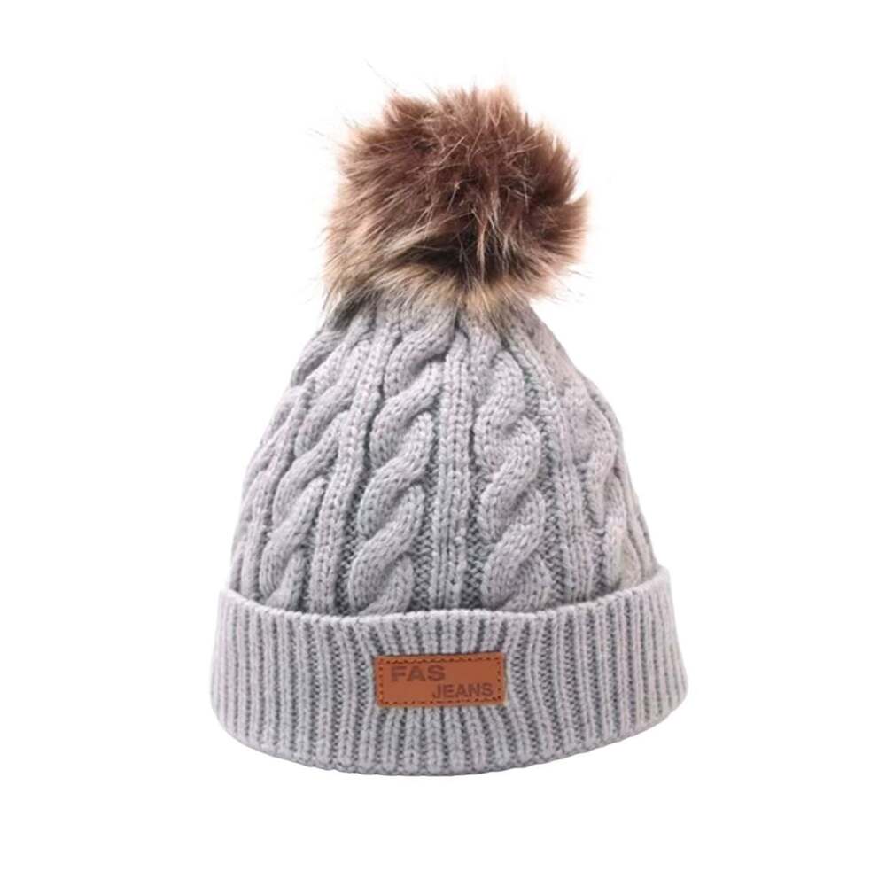 FAS JEANS Grey Cable Knit Beanie with Faux Fur Pom-Pom